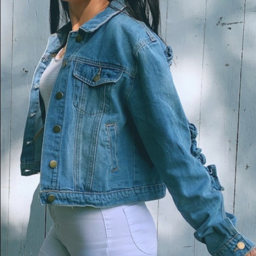 Ruffle back denim jacket- medium wash jean jacket